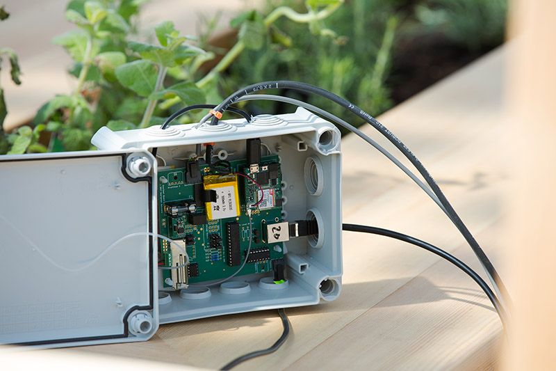 In dem M2M-Showcase &quot;#ConnectedGarden&quot; vernetzt eine IoT-Box von T-Mobile ein &quot;SmartBeet&quot;, um Messwerte wie Feuchtigkeit der Erde übertragen zu können.