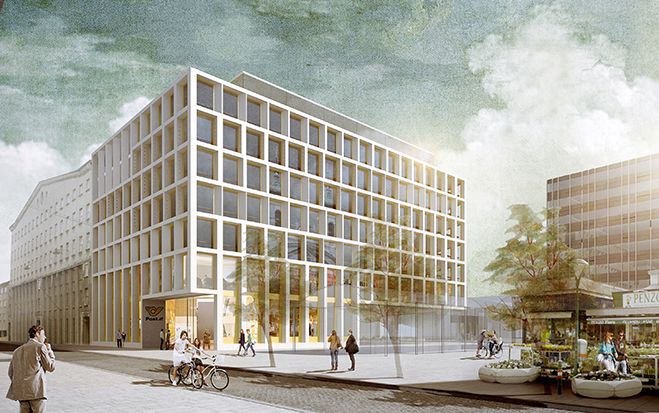 (Foto: Schenker Salvi Weber Architekten ZT GmbH_feld72 architekten zt gmbh) Siegerprojekt neue Postzentrale: Büro- &amp; Geschäftsgebäude am Rochusmarkt.  