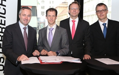 Hannes Ametsreiter, Telekom Austria Group; Philipp Graf, FV Telekommunikations- und Rundfunkunternehmungen; Andreas Bierwirth, T-Mobile Austria; und Jan Trionow, Hutchison. Foto: Ludwig Schedl/APA