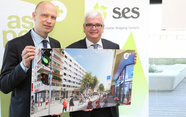 Alexander Kopecek, Vorstand Wien 3420 Aspern Development AG, und Marcus Wild, Vorsitzender SES, wachsen mit erster gemanagter Einkaufsstraße Österreichs.