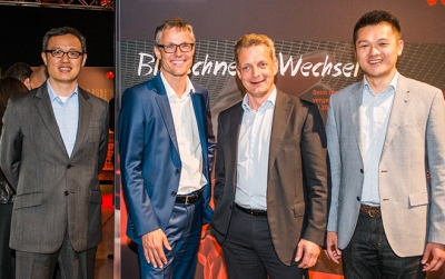 Mobilfunkparty in Wien: Yanmin Wang, Director CEE &amp; Nordic Device Business Huawei, 3-CEO Jan Trionow, Tele2-Geschäftsführer Alfred Pufitsch und Jay Peng, CEO Huawei Austria.