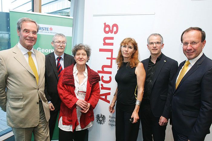 Alfred Jöchlinger Geschäftsführer des Auftragnehmerkatasters, Helmut Moser, BMBF, Ursula Schneider, pos architekten ZT gmbh, Hemma Fasch fasch&amp;fuchs.architekten, Hermann Primig, Rechnungshof und Wolfgang Gleissner, BIG (v.l.n.r.).