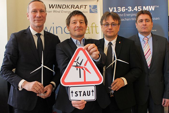 Warnen vor Investitionsstau: Nils de Baar, Vestas;  Stefan Moidl, IG Windkraft; Frank Dumeier, WEB Windenergie, und Michael Gerbavsits, Energie Burgenland.