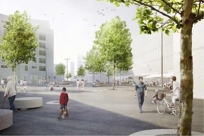 Foto: Durch fünf Granitbrunnen und mehr als 80 Bäume soll im Seeparkquartier eine attraktive Begegnungszone zum Einkaufen, Kaffeetrinken und für viele andere Aktivitäten entstehen.