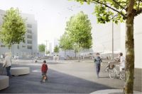 Foto: Durch fünf Granitbrunnen und mehr als 80 Bäume soll im Seeparkquartier eine attraktive Begegnungszone zum Einkaufen, Kaffeetrinken und für viele andere Aktivitäten entstehen.