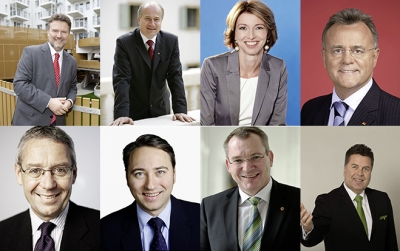 1. Reihe v.l.n.r.: Michael Ludwig, Hans Seitinger, Gaby Schaunig, Hans Niessl. 2. Reihe: Karlheinz Rüdisser, Manfred Haimbuchner, Johannes Tratter, Hans Mayr.