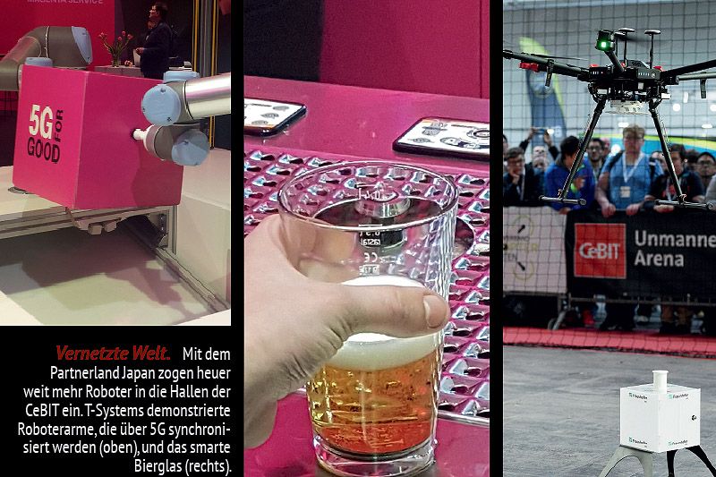 Vernetzte Welt. Mit dem Partnerland Japan zogen heuer weit mehr Roboter in die Hallen der CeBIT ein. T-Systems demonstrierte Roboterarme, die über 5G synchronisiert werden (oben), und das smarte Bierglas (rechts).