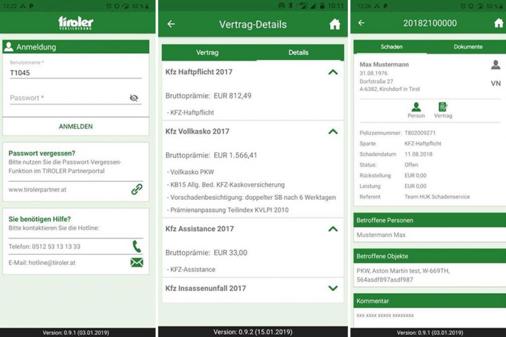Screenshots der App für die Tiroler Versicherung.
