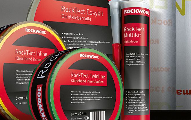 Das neue »RockTect«-Luftdichtsystem von Rockwool bündelt die wichtigsten Spezialprodukte zur Erstellung einer luftdichten Gebäudehülle für den Dachgeschoß- und Innenausbau.