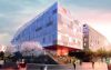 Rendering der Frontansicht mit Haupteingang der SFU - Holzer Kobler Architekturen.