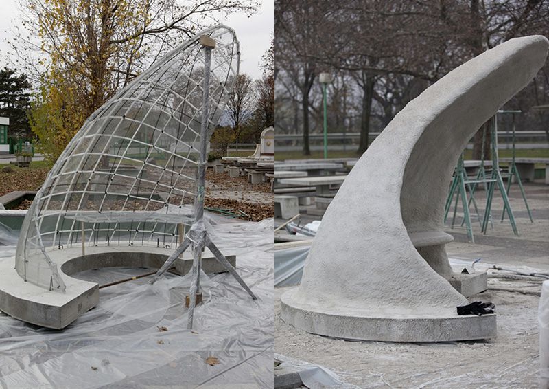 Foto: Die gebogenen Kunststoffteile. werden platzsparend auf die Baustelle geliefert, vor Ort zusammengesteckt und das so entstandene Gerüst mit einer Kunststoffschicht überzogen und mit Spritzbeton ummantelt.