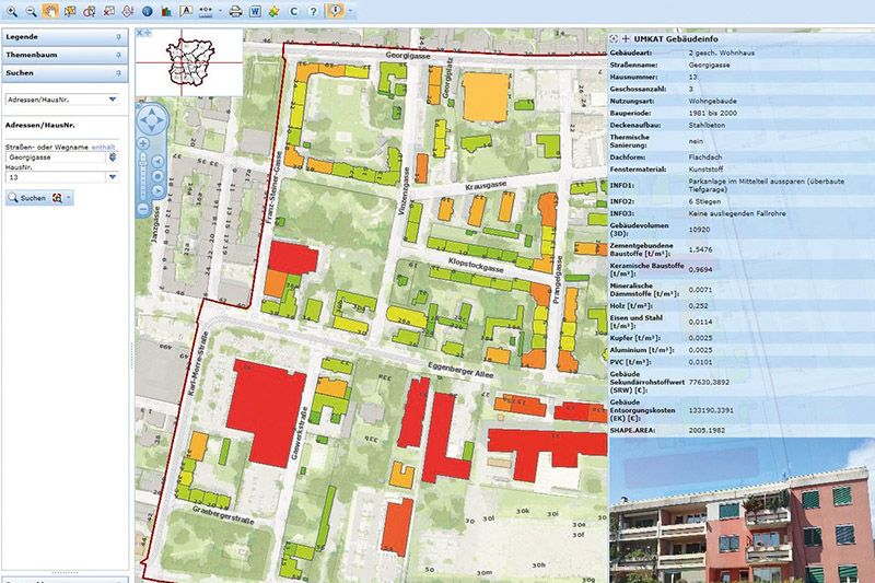 UMKAT im WebGIS (WebOffice) mit der Abfrage aller erfassten und berechneten Werte pro Gebäude.