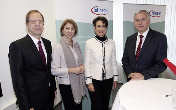 Foto: Infineon Konzernvorsitzender Reinhard Ploss, Landeshauptmann-Stellvertreterin Gaby Schaunig, Infineon Austria-Vorstandsvorsitzende Sabine Herlitschka und Bundesminister Alois Stöger.